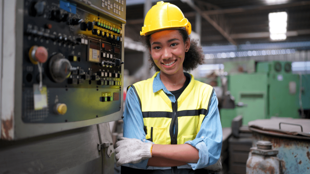 Female apprentice in metal working factory, portrait of working female industry technical worker or engineer woman working in an industrial manufacturing factory company