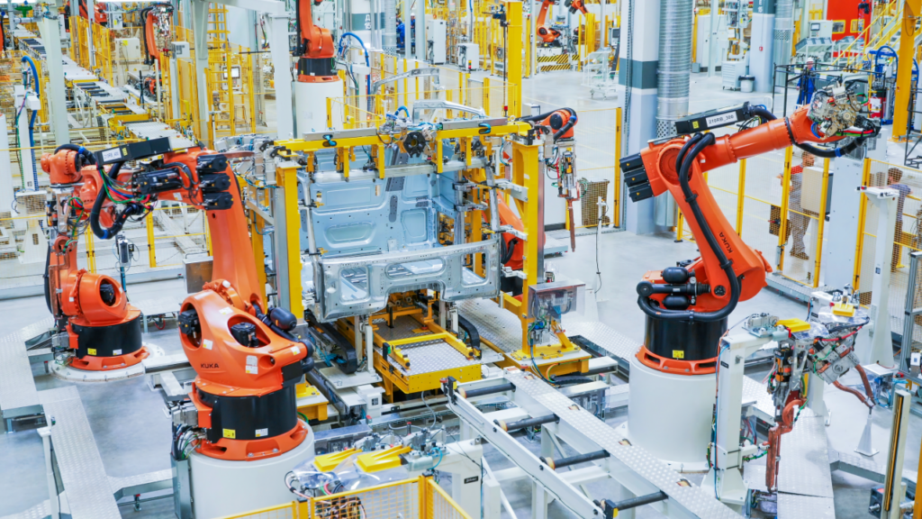 Automated robot arm assembly line manufacturing high-tech