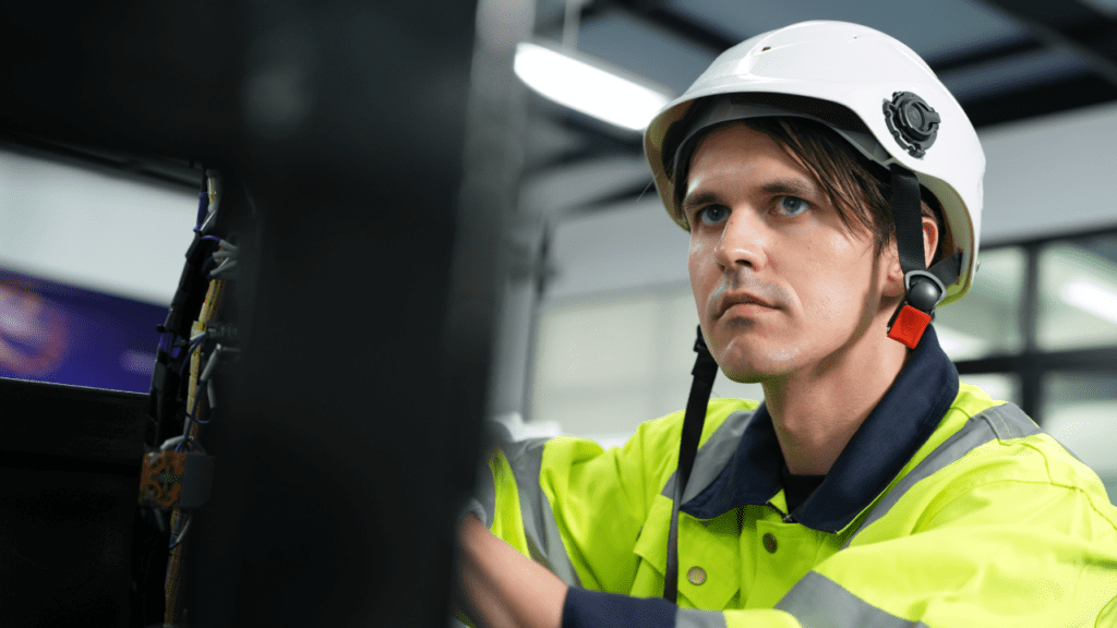 Male shop floor engineer with white safety helmet 